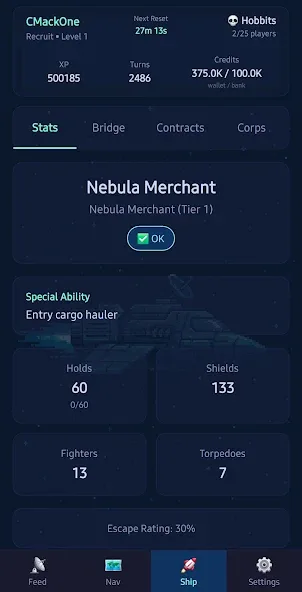 The Ship screen in Big Bang Smugglers: holds, shields, fighters and torpedoes for the Nebula Merchant
